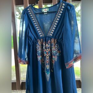 Flying Tomato Boho Embroidered Dress in Blue